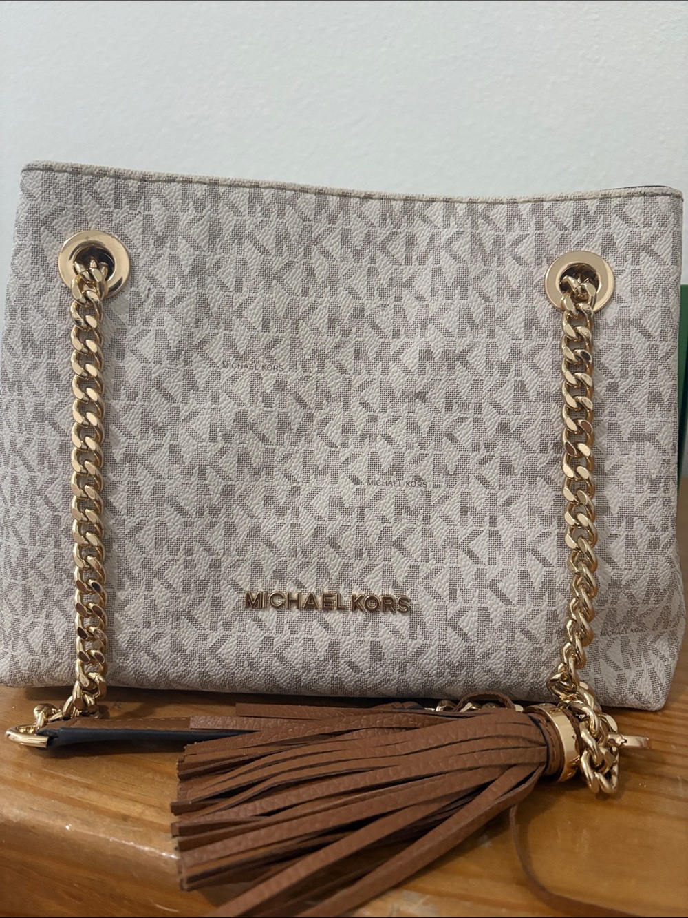 Michael Kors Cream and Brown Signature Shoulder Tote with Tassel